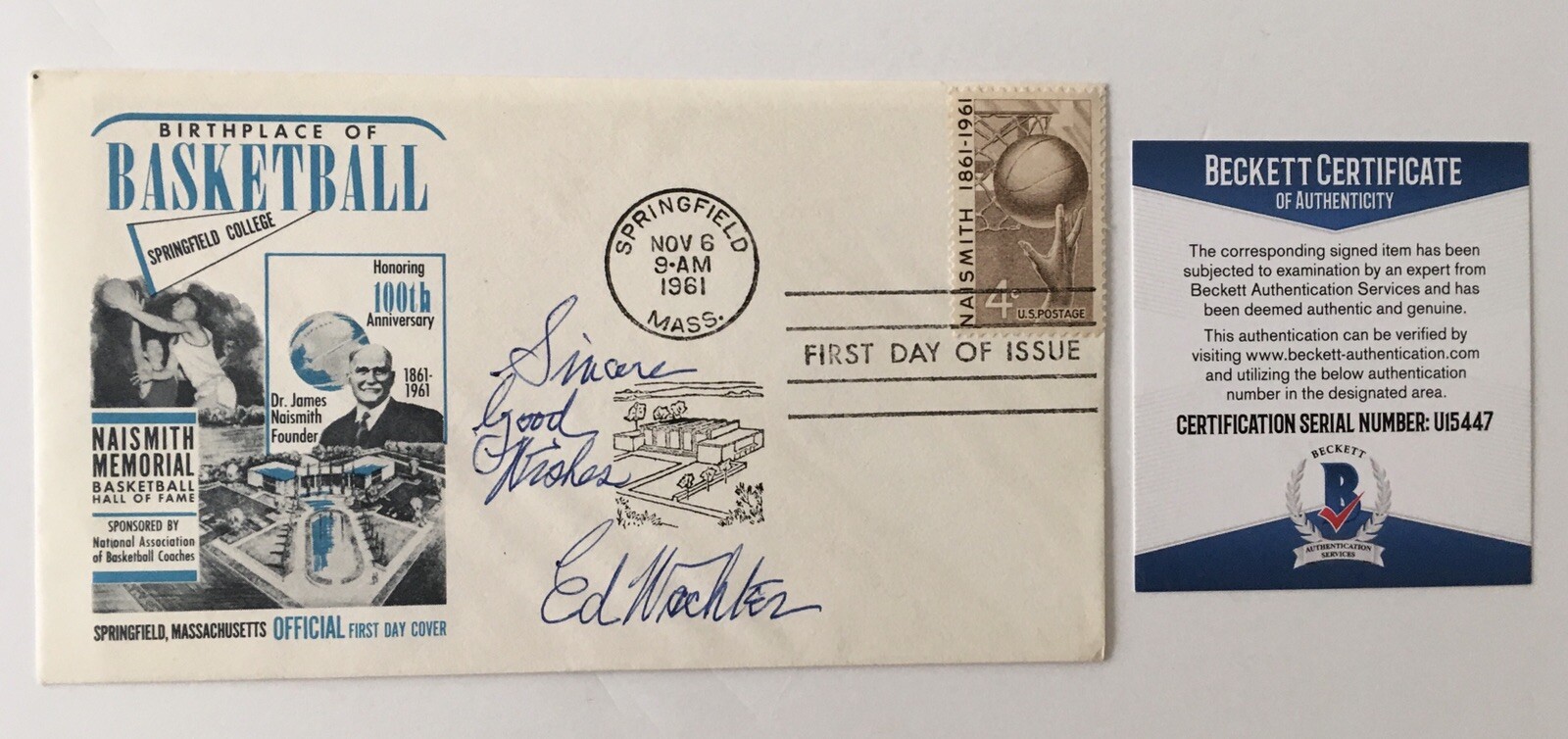 ED WACHTER SIGNED AUTOGRAPHED FIRST DAY COVER BAS BECKETT CERT BASKETBALL HOF COLLECTIBLE MEMORABILIA