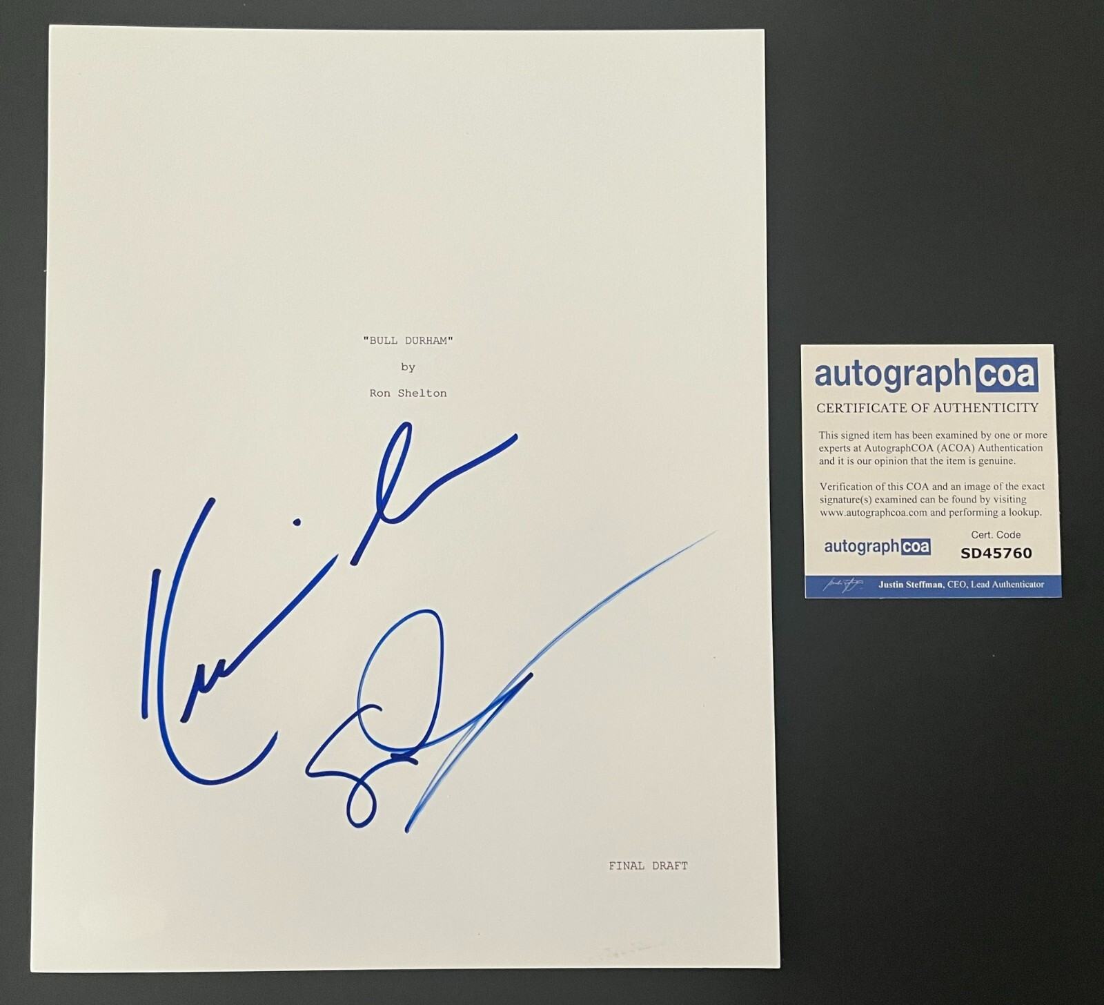 KEVIN COSTNER & SUSAN SARANDON SIGNED BULL DURHAM FULL MOVIE SCRIPT wEXACT PROOF
