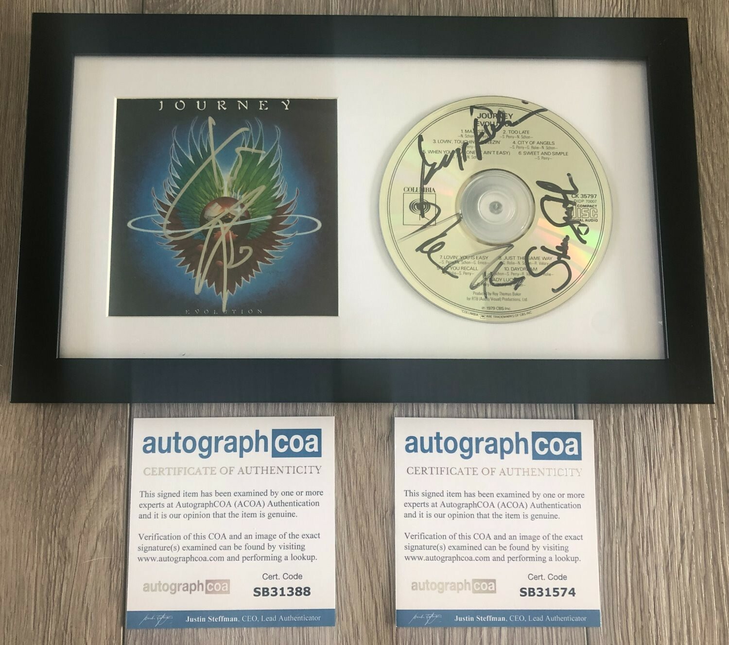 JOURNEY SIGNED FRAMED & MATTED EVOLUTION CD STEVE PERRY +4 w/ AUTOGRAPH COA ACOA
