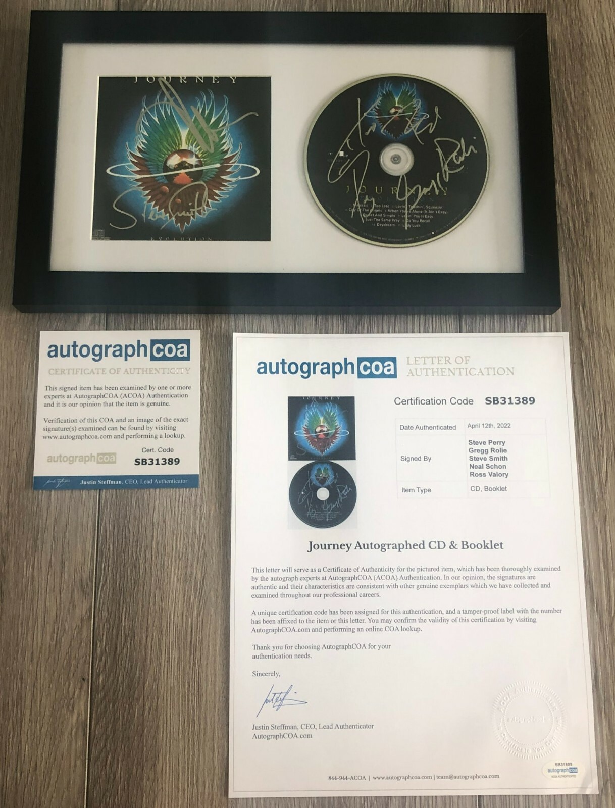 JOURNEY STEVE PERRY +4 SIGNED FRAMED & MATTED EVOLUTION CD w/ AUTOGRAPH COA ACOA
