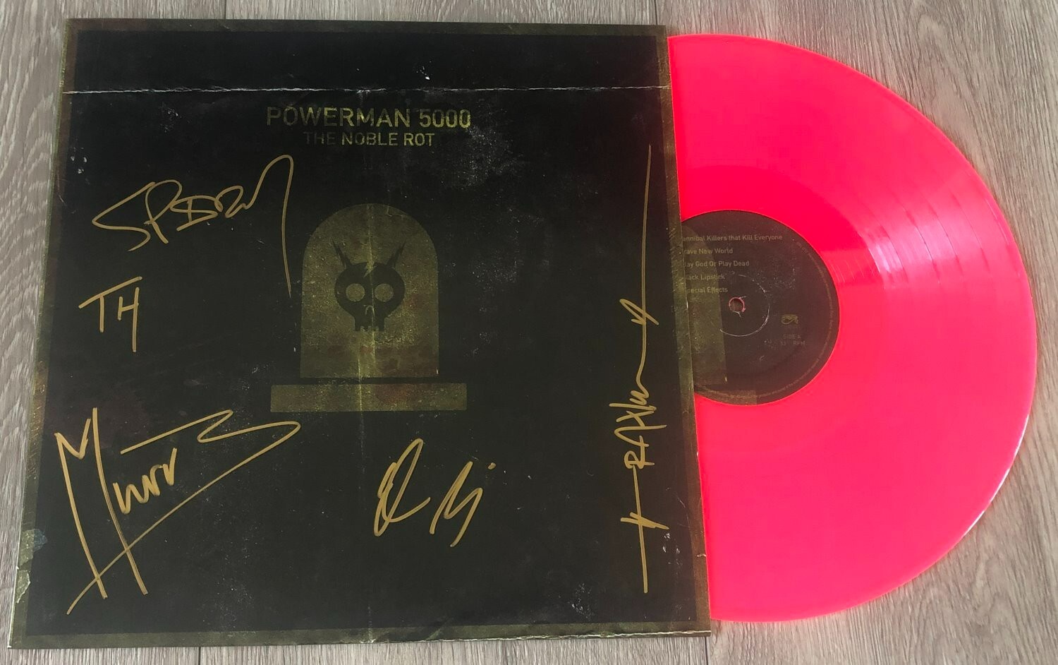 POWERMAN 5000 SIGNED AUTOGRAPH THE NOBLE ROT PINK VINYL ALBUM LP SPIDER ONE +4
