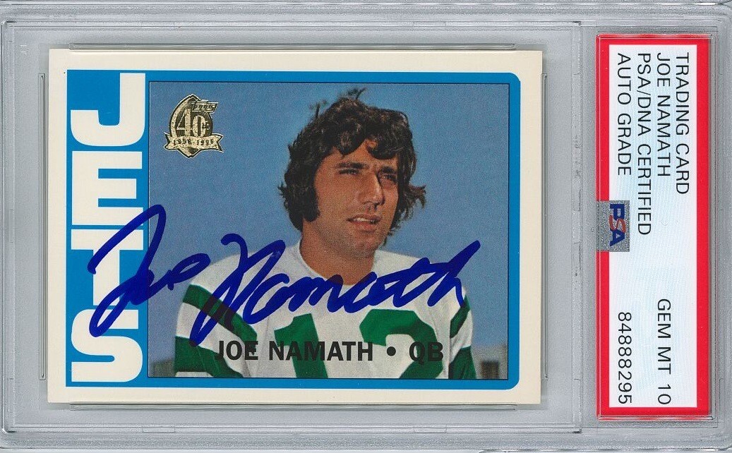 JOE NAMATH SIGNED 1972 TOPPS REPRINT TRADING CARD PSA 84888295 GEM MINT 10 AUTO

