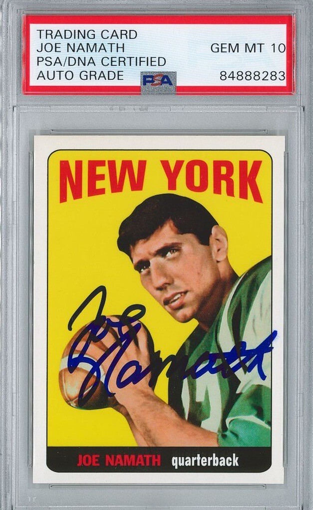 JOE NAMATH SIGNED 1965 TOPPS REPRINT ROOKIE CARD PSA 84888283 GEM MINT 10 AUTO
