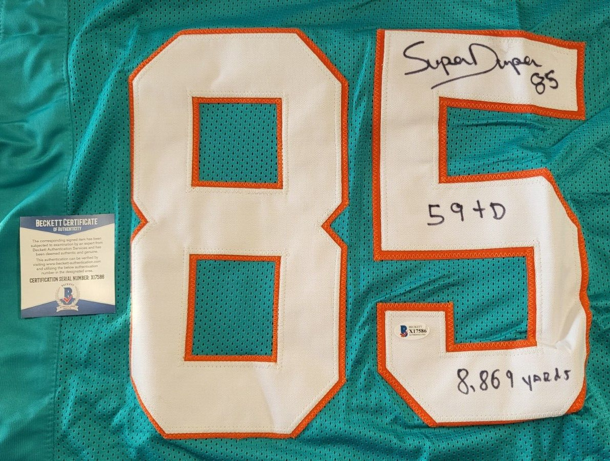 MARK SUPER DUPER DOLPHINS 59 TD'S 8.869 YARDS SIGNED TEAL JERSEY BECKETT