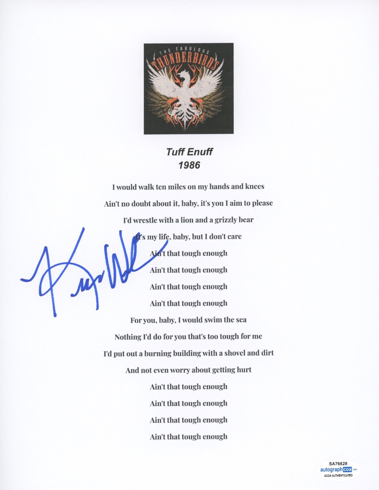 KIM WILSON FABULOUS THUNDERBIRDS SIGNED AUTOGRAPH TUFF ENUFF LYRIC SHEET ACOA