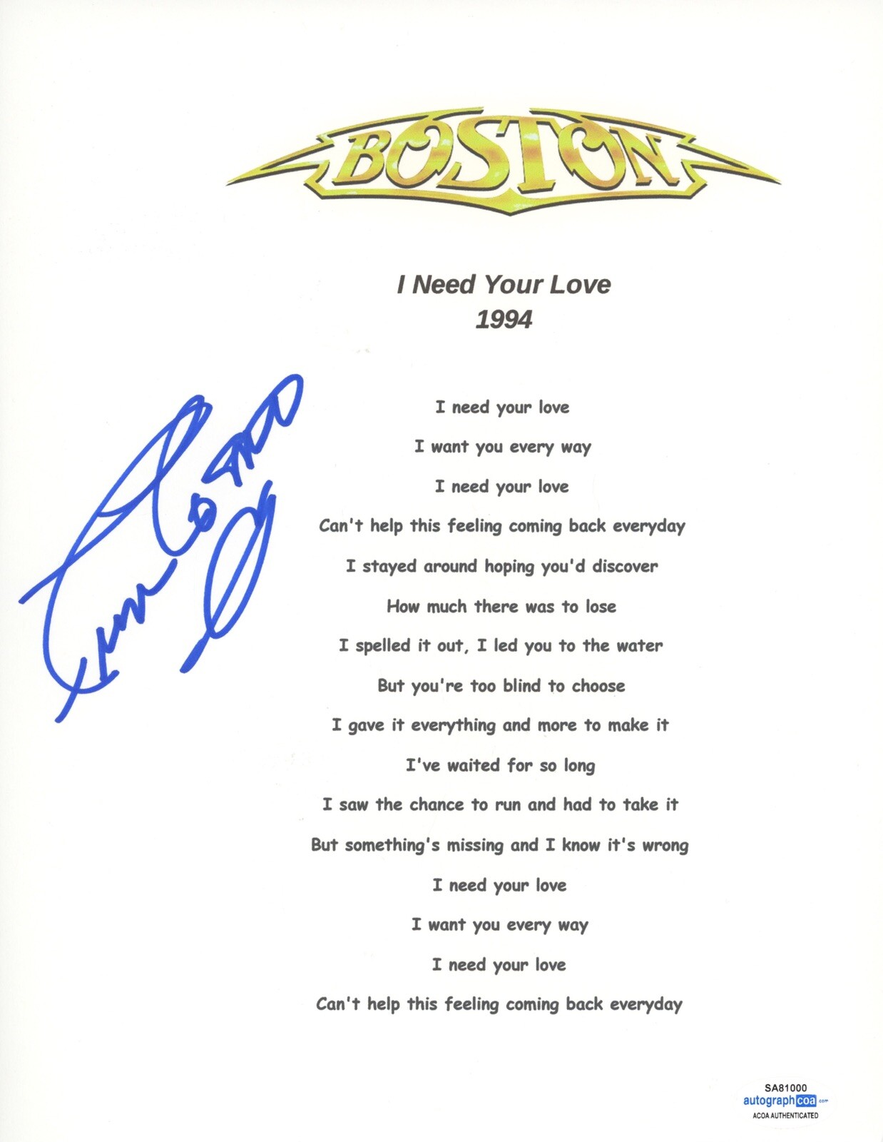 FRAN COSMO BOSTON SIGNED AUTOGRAPH LYRIC SHEET ACOA COA I NEED YOUR LOVE