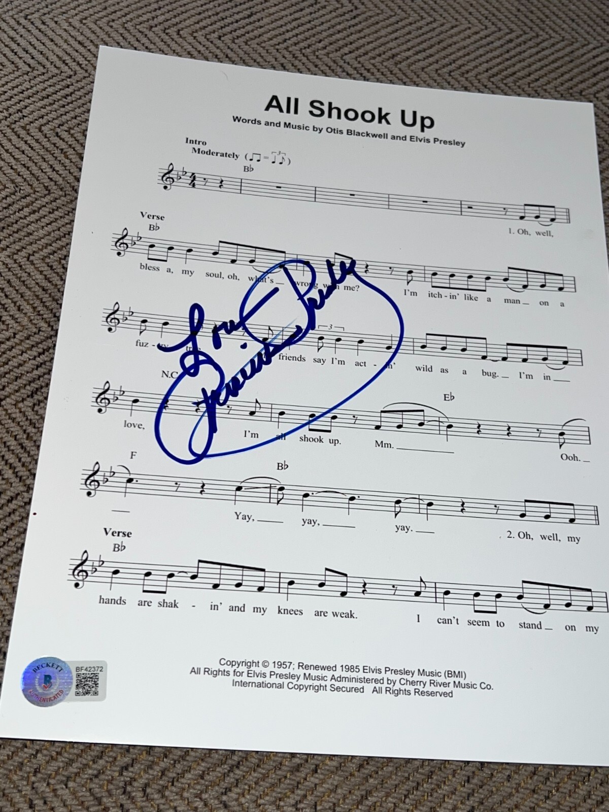PRISCILLA PRESLEY SIGNED AUTOGRAPH SHEET MUSIC ALL SHOOK UP ELVIS COA BECKETT D
