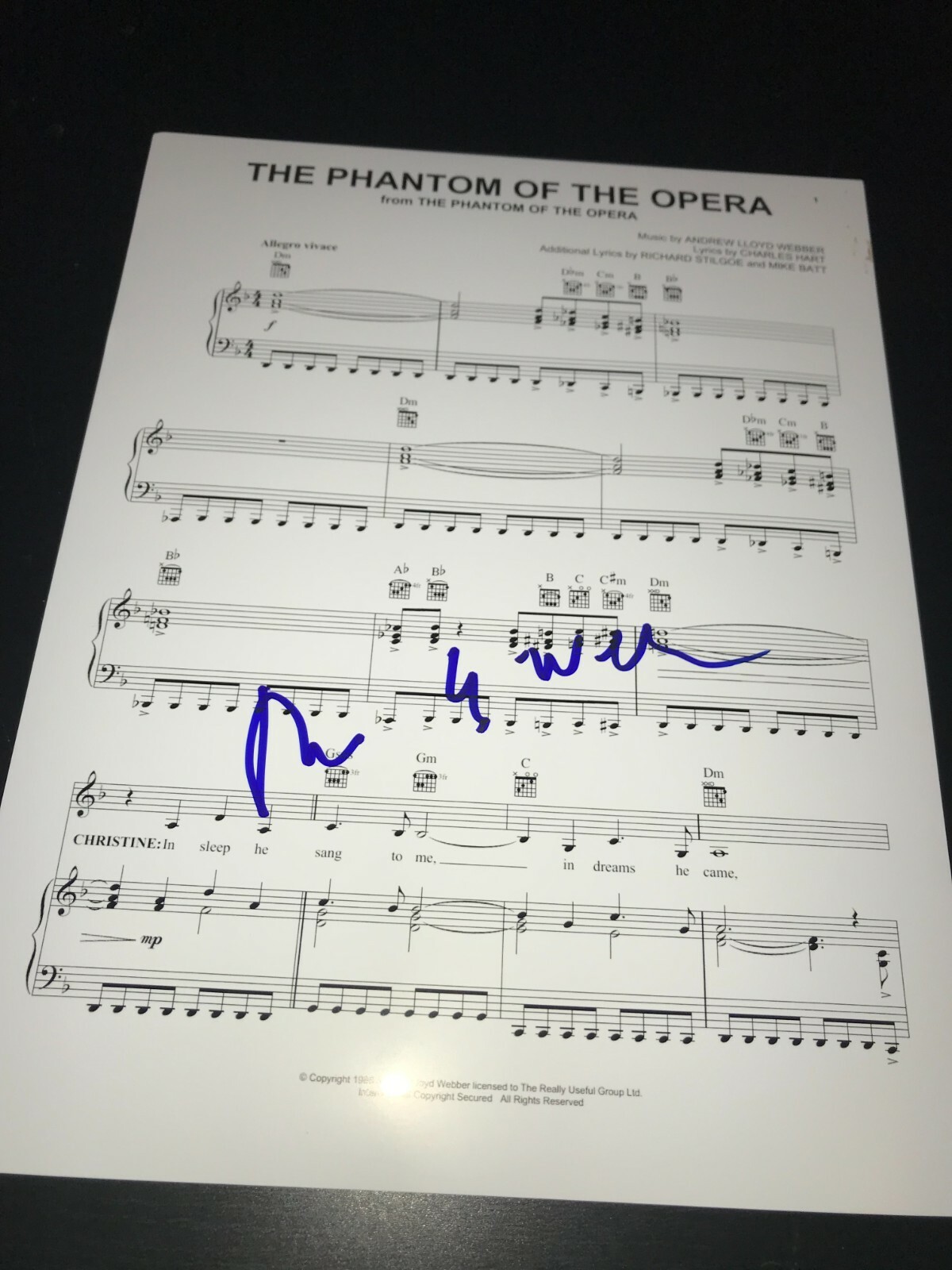 ANDREW LLOYD WEBBER SIGNED AUTOGRAPH SHEET MUSIC PHANTOM OF THE OPERA BECKETT E
