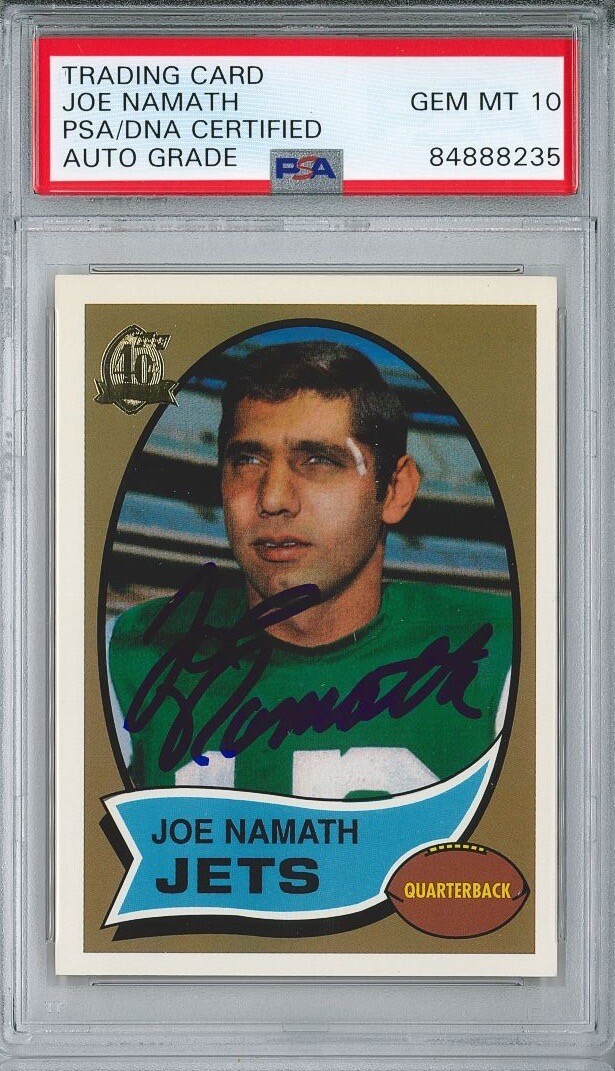 JOE NAMATH SIGNED 1970 TOPPS REPRINT TRADING CARD PSA 84888235 GEM MINT 10 AUTO
