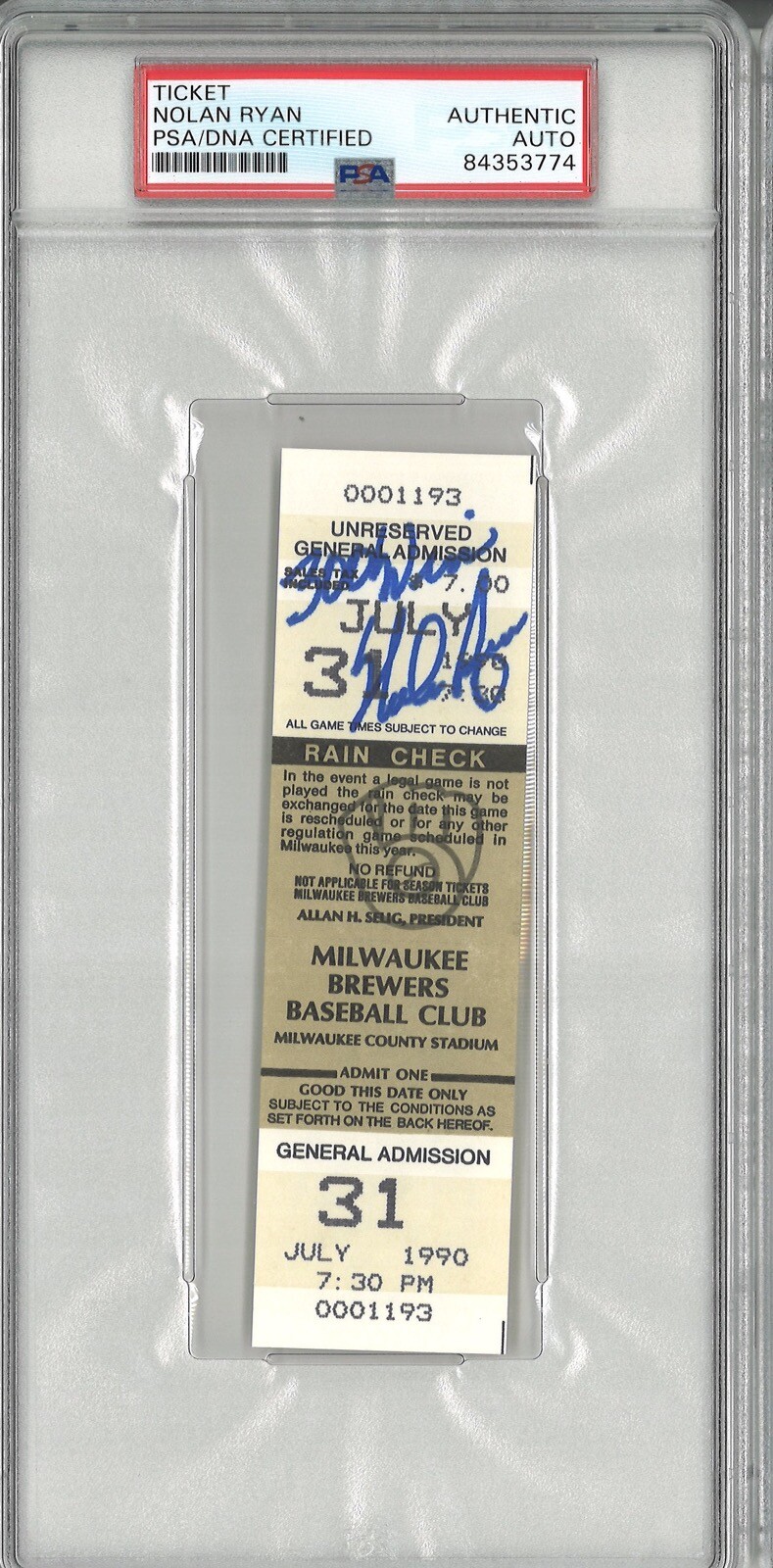 NOLAN RYAN SIGNED 300TH WIN TICKET PSA DNA 84353774 W/ 300 WIN INSC
