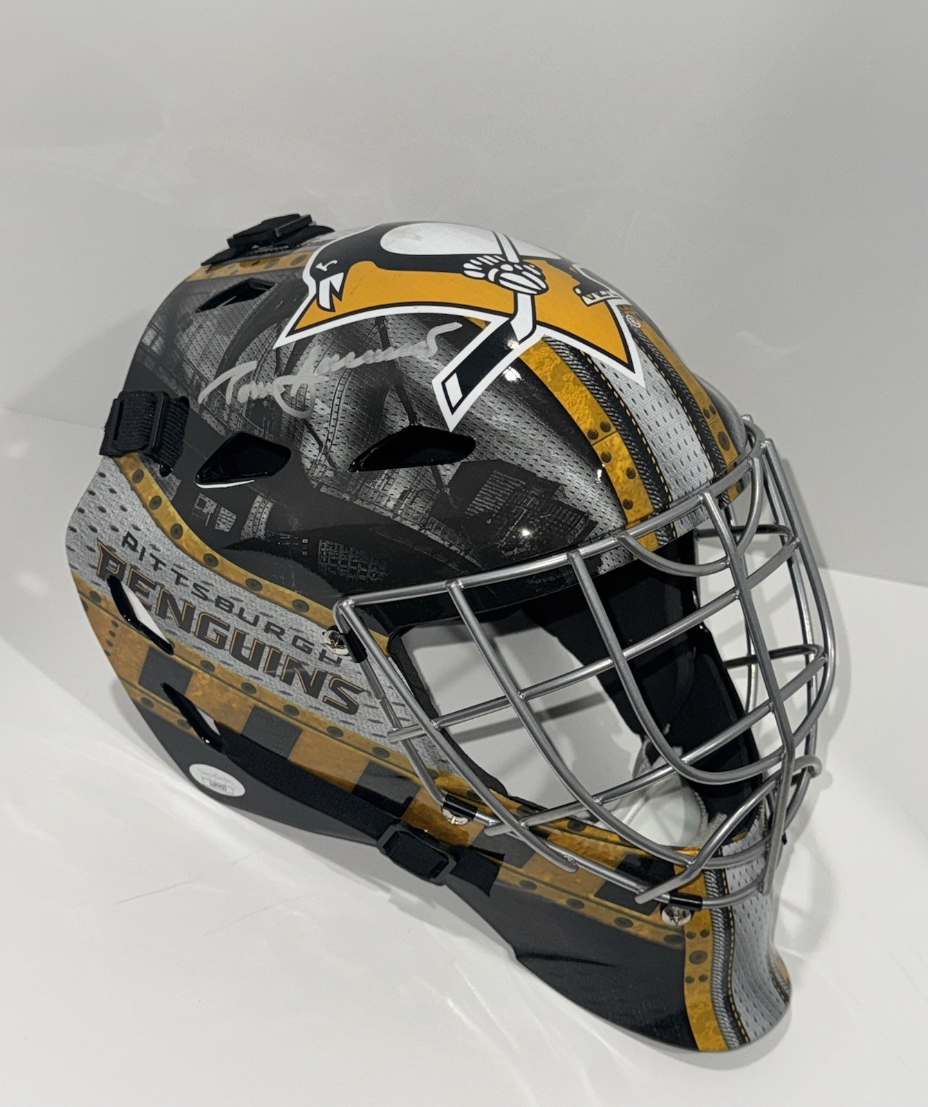 TOM BARRASSO MARC-ANDRE FLEURY SIGNED PITTSBURGH PENGUINS FS GOALIE MASK JSA COA COLLECTIBLE MEMORABILIA