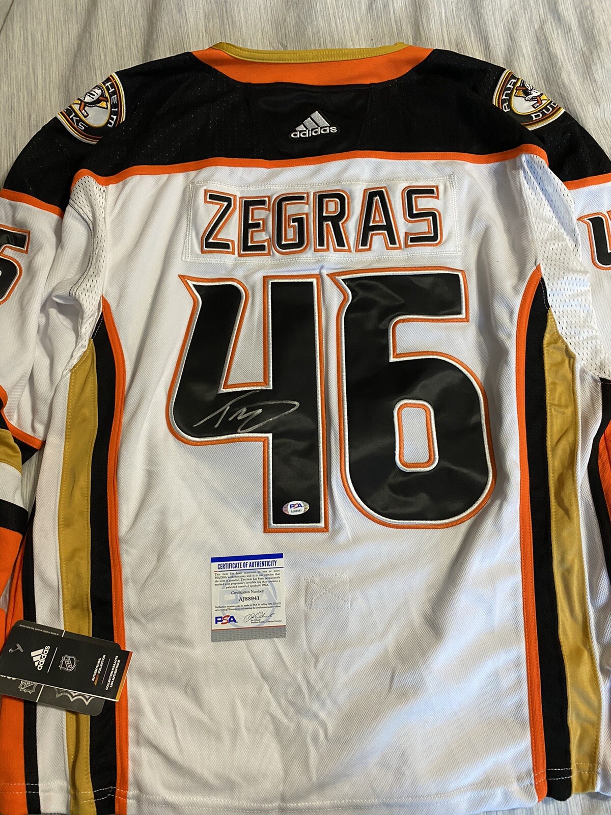 Trevor Zegras signed autographed custom jersey Anaheim ducks PSA COA
