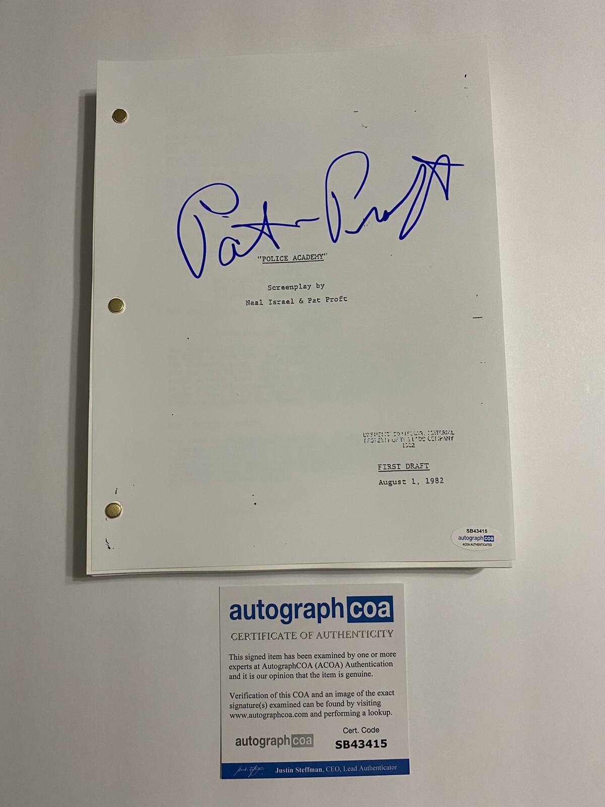 Pat Proft signed autograph ‘Police Academy’ full script Writer Creator ACOA COA
