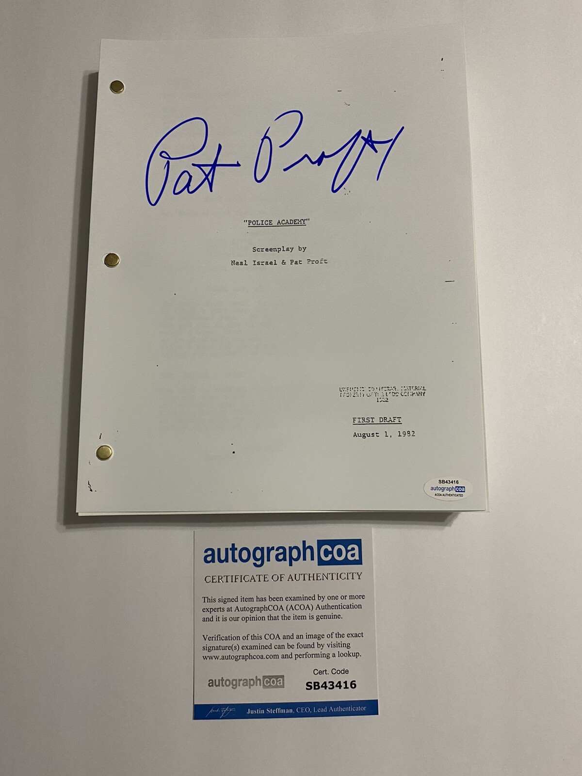 Pat Proft signed autograph ‘Police Academy’ full script Writer Creator ACOA COA
