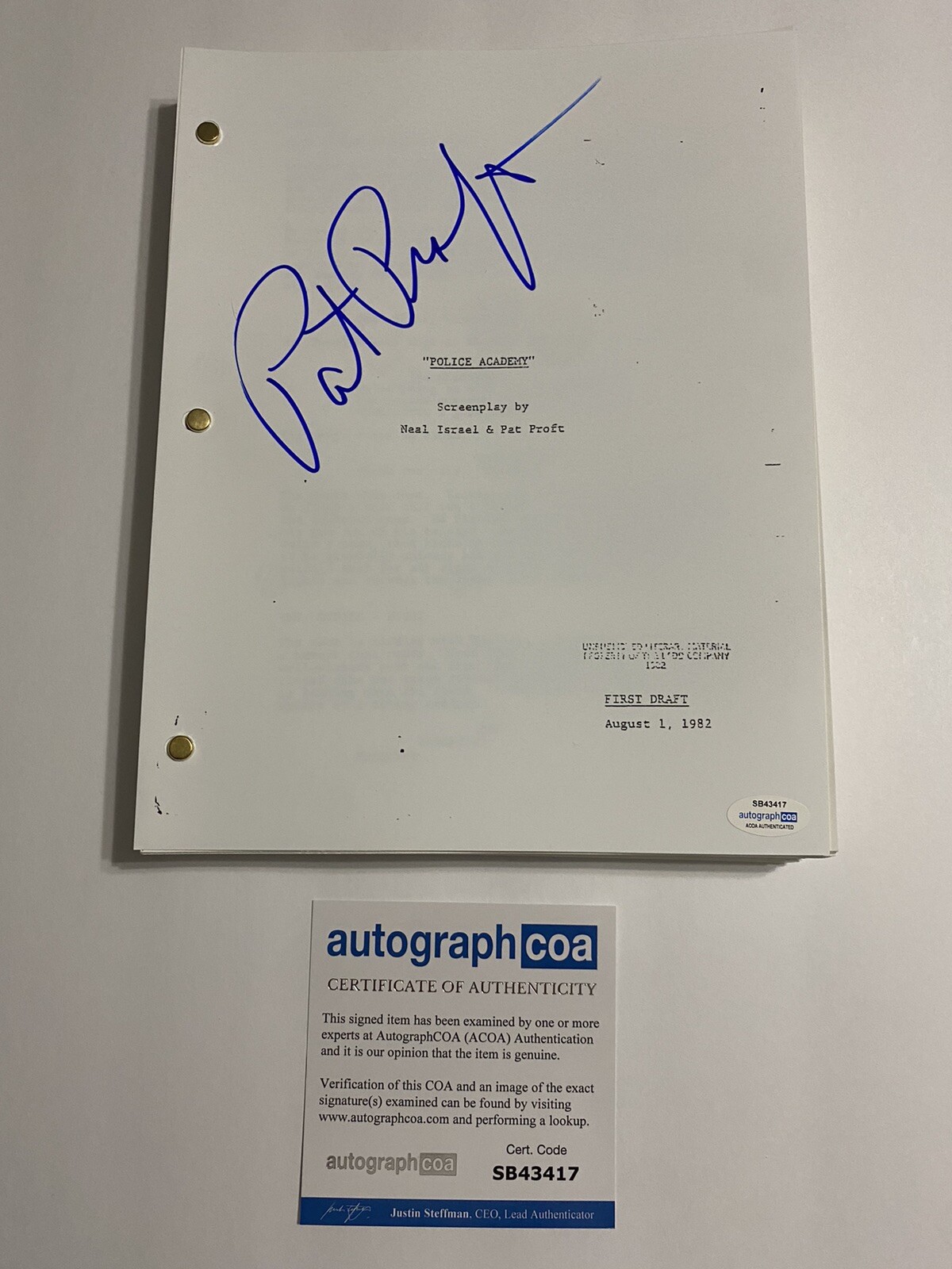 Pat Proft signed autograph ‘Police Academy’ full script Writer Creator ACOA COA
