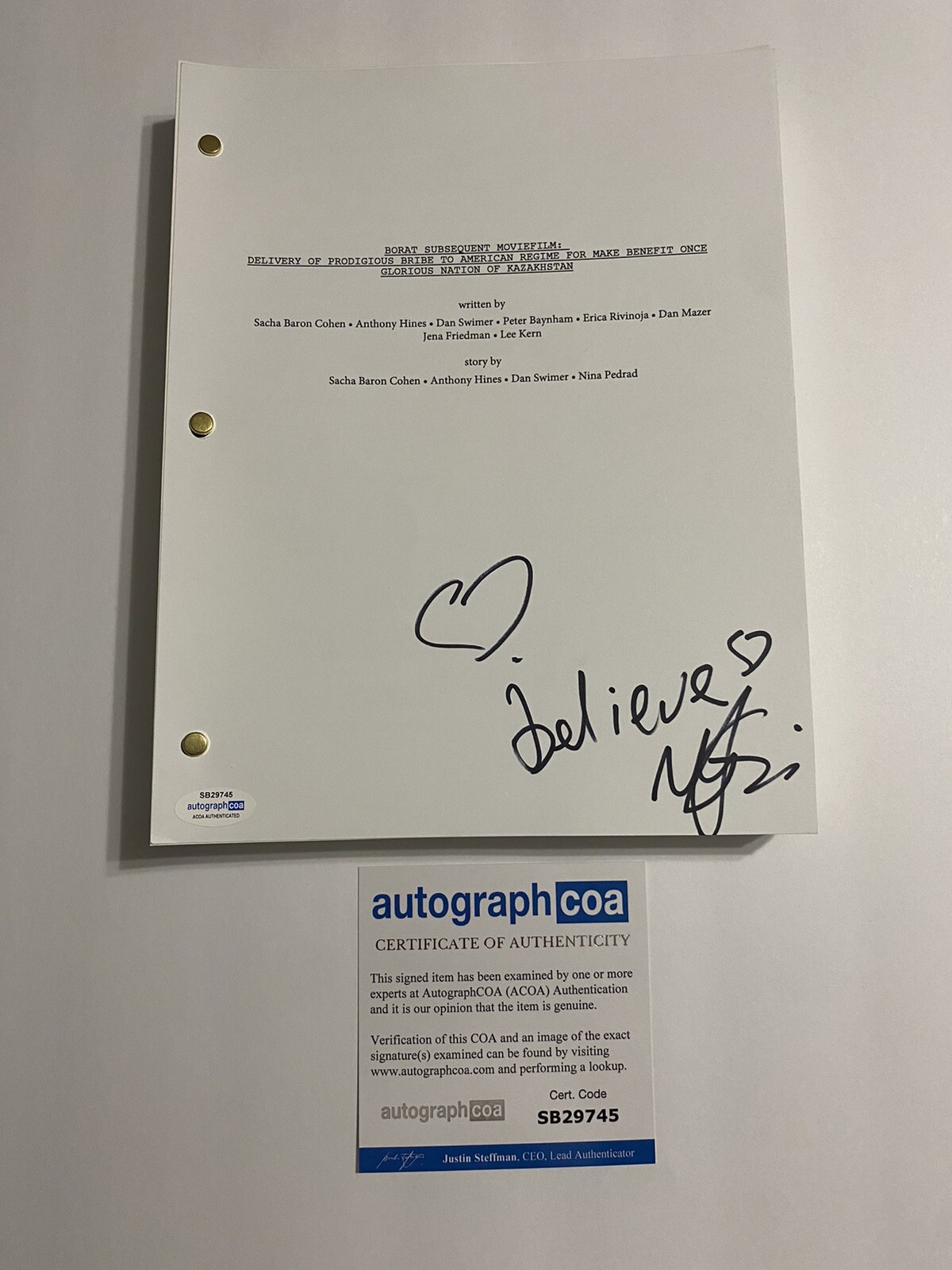 Maria Bakalova signed autographed Borat Full Movie Script ACOA
