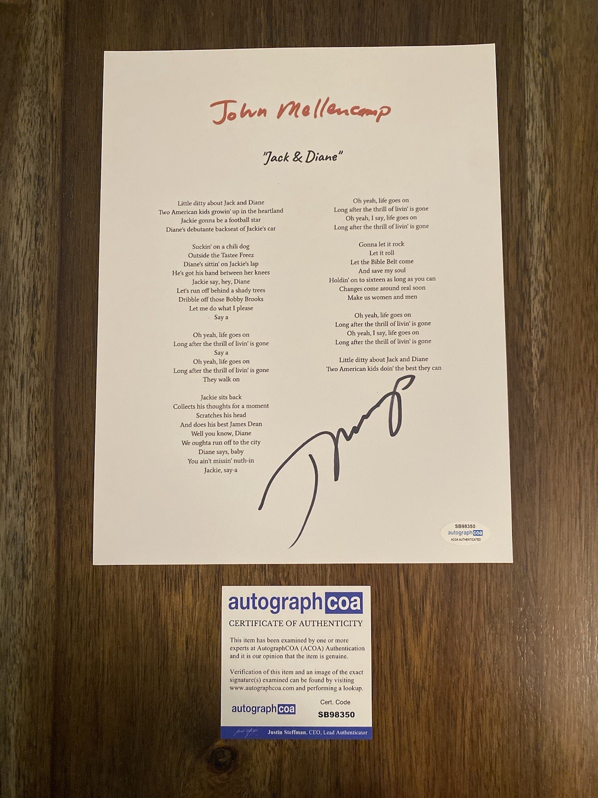 JOHN COUGAR MELLENCAMP SIGNED AUTOGRAPH ‘Jack and Diane’ Lyric Sheet ACOA PROOF
