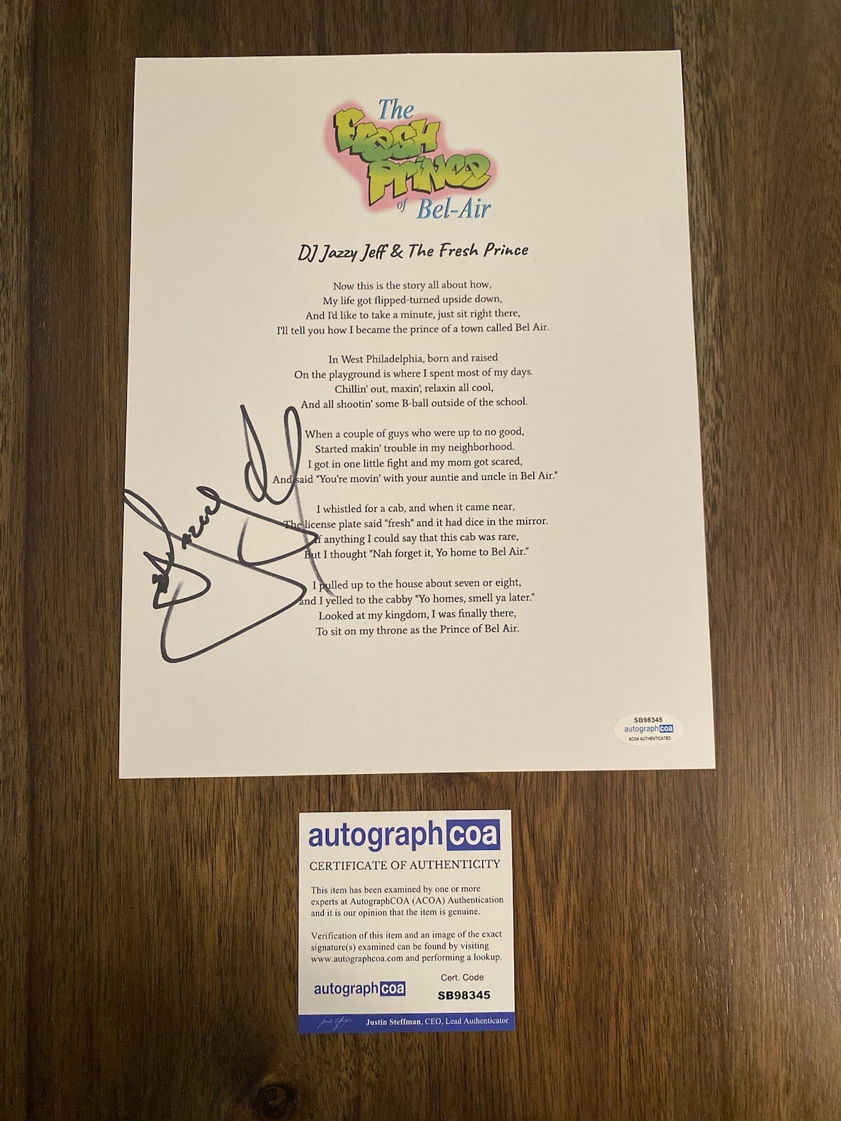 DJ Jazzy Jeff ‘Fresh Prince Of Bel-Air’ Theme Song Lyric Sheet Signed ACOA
