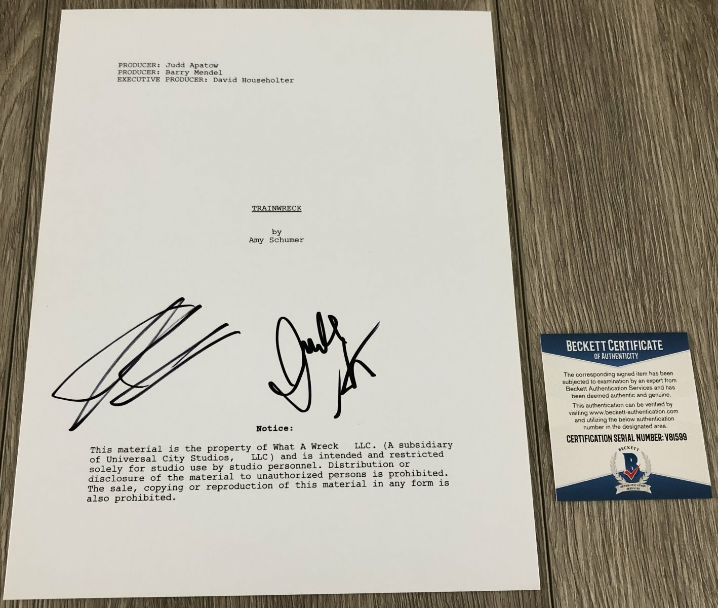 AMY SCHUMER & JUDD APATOW SIGNED TRAINWRECK SCRIPT w/EXACT PROOF BECKETT BAS COA
