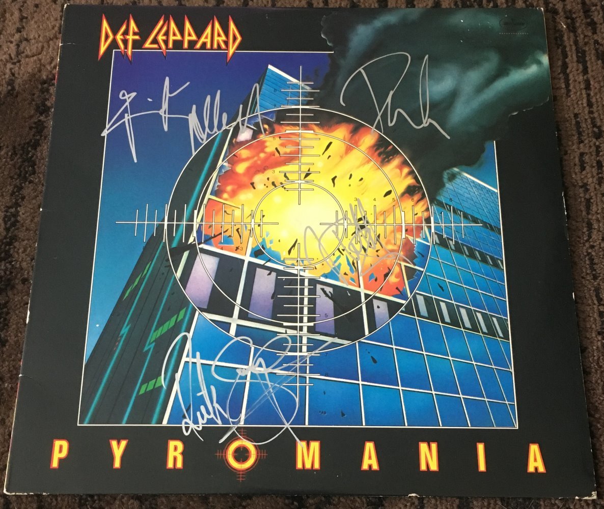 DEF LEPPARD SIGNED AUTOGRAPH PYROMANIA VINYL ALBUM JOE ELLIOTT +3 w/EXACT PROOF
