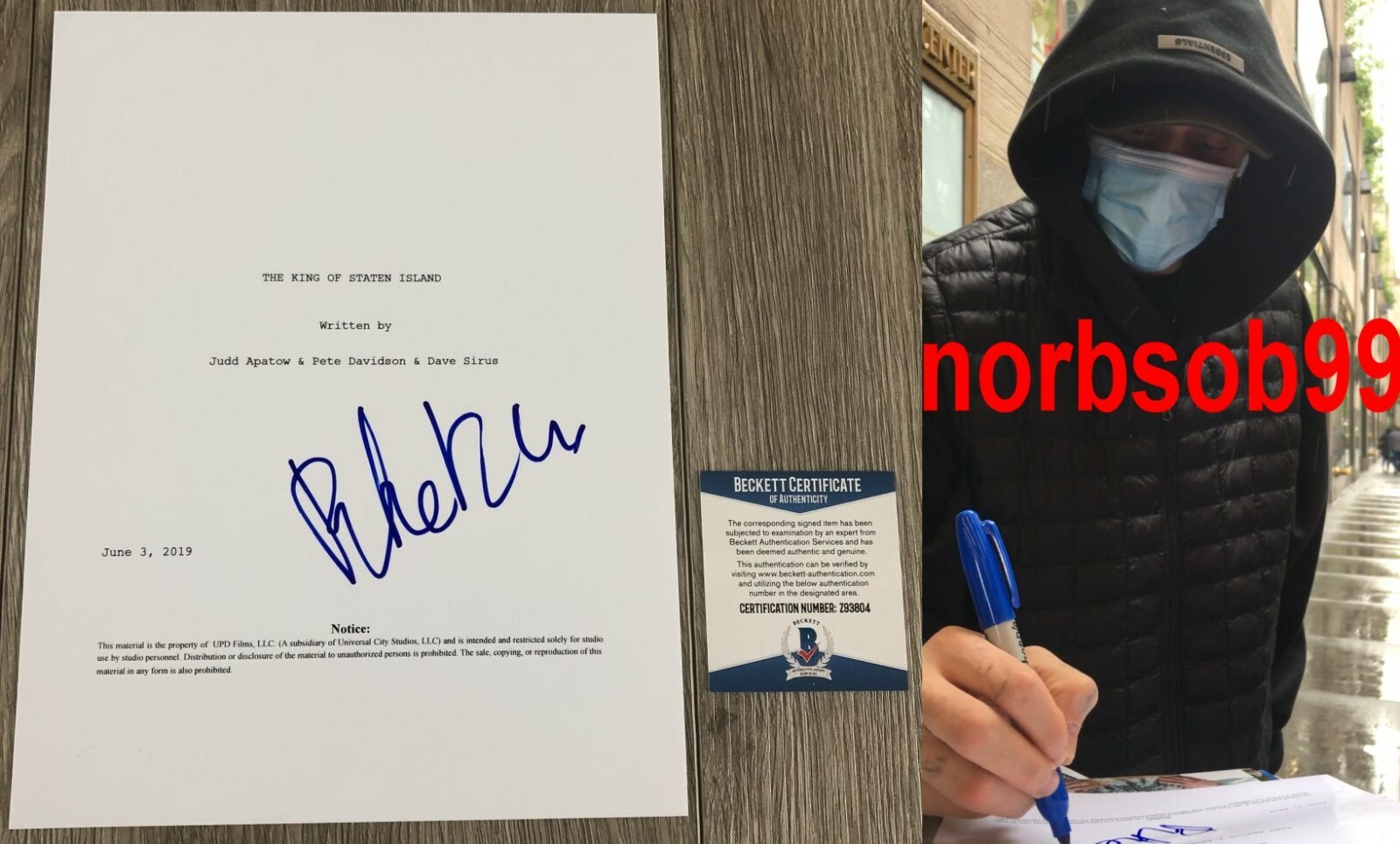PETE DAVIDSON SIGNED THE KING OF STATEN ISLAND SCRIPT wEXACT PROOF & BECKETT COA
