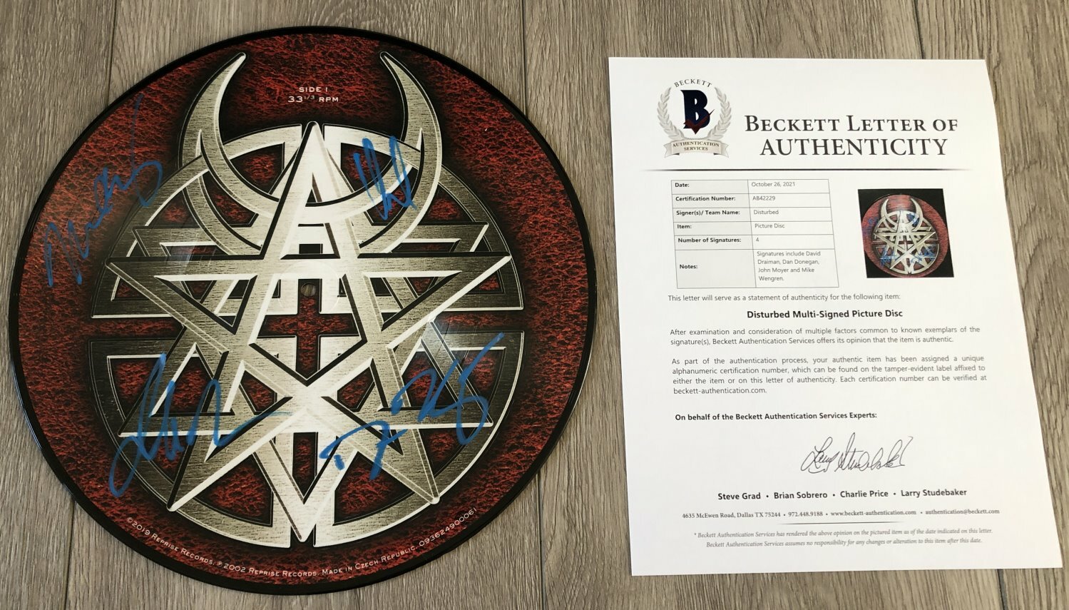 DISTURBED SIGNED AUTOGRAPH BELIEVE PICTURE DISC VINYL RECORD & BECKETT BAS COA
