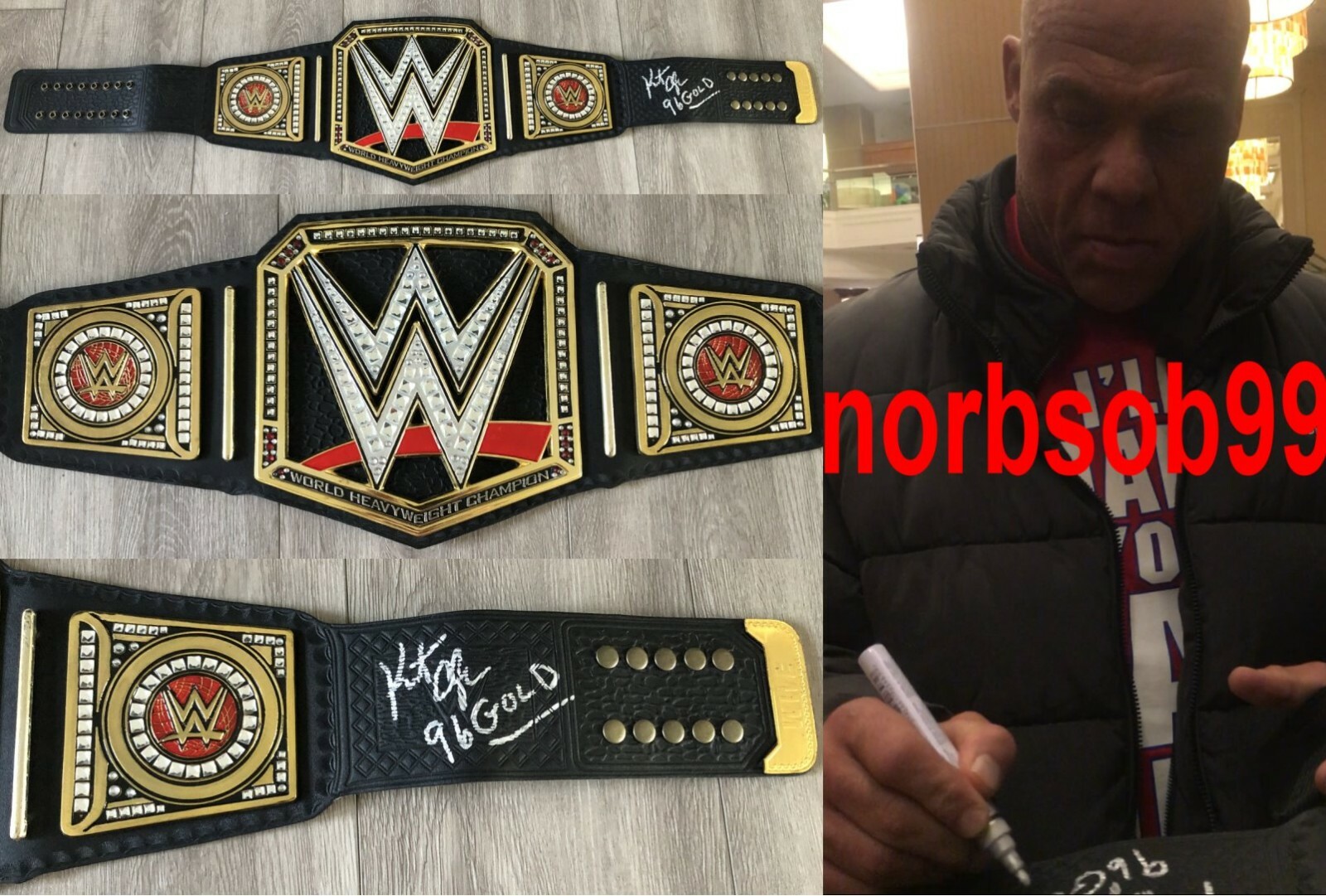 KURT ANGLE SIGNED WWE CHAMPIONSHIP LEATHER BELT 96 GOLD wEXACT PROOF BECKETT COA
