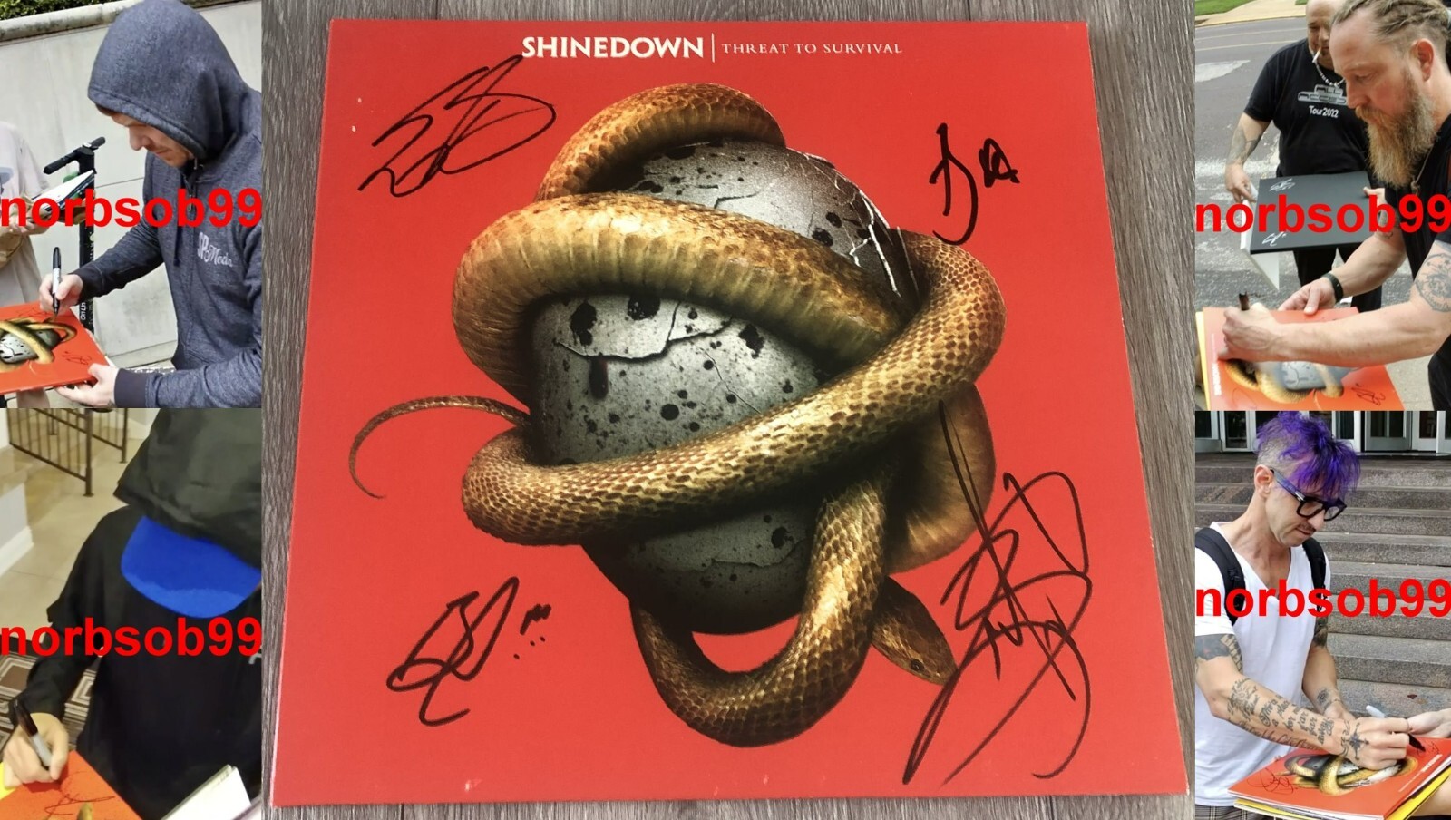 SHINEDOWN BRENT SMITH +3 SIGNED THREAT TO SURVIVAL VINYL RECORD w/EXACT PROOF
