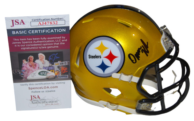 OMAR KHAN signed (PITTSBURGH STEELERS) Flash mini football helmet JSA AJ47832
