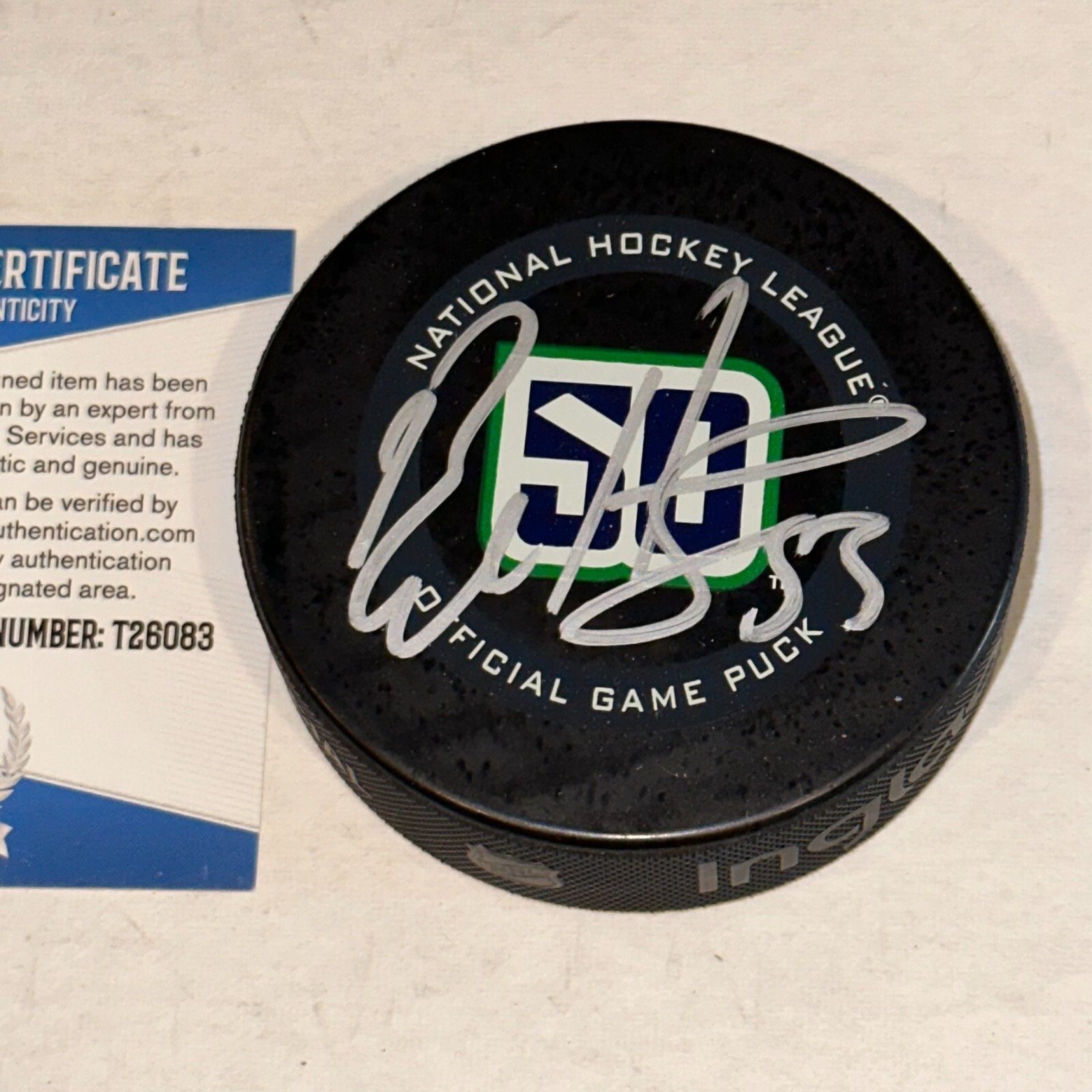 BO HORVAT Signed CANUCKS 50th ANNIV. Official GAME Puck w/ Beckett COA (BAS)
