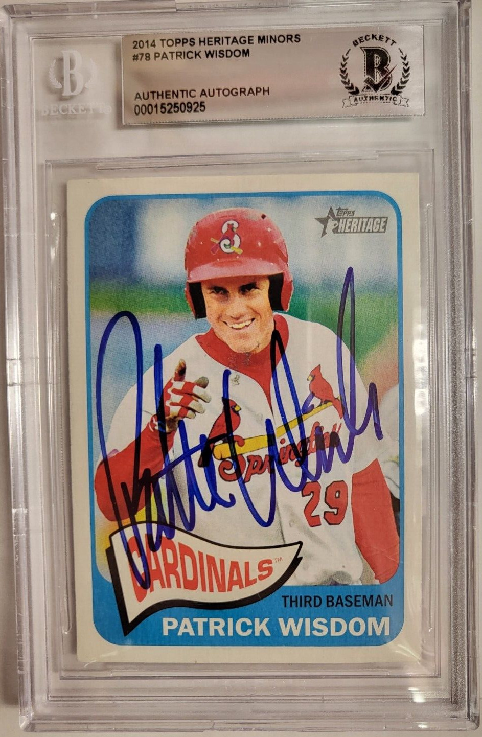 2014 TOPPS HERITAGE MINORS RC PATRICK WISDOM CARDINALS AUTO SIGNED CARD BECKETT