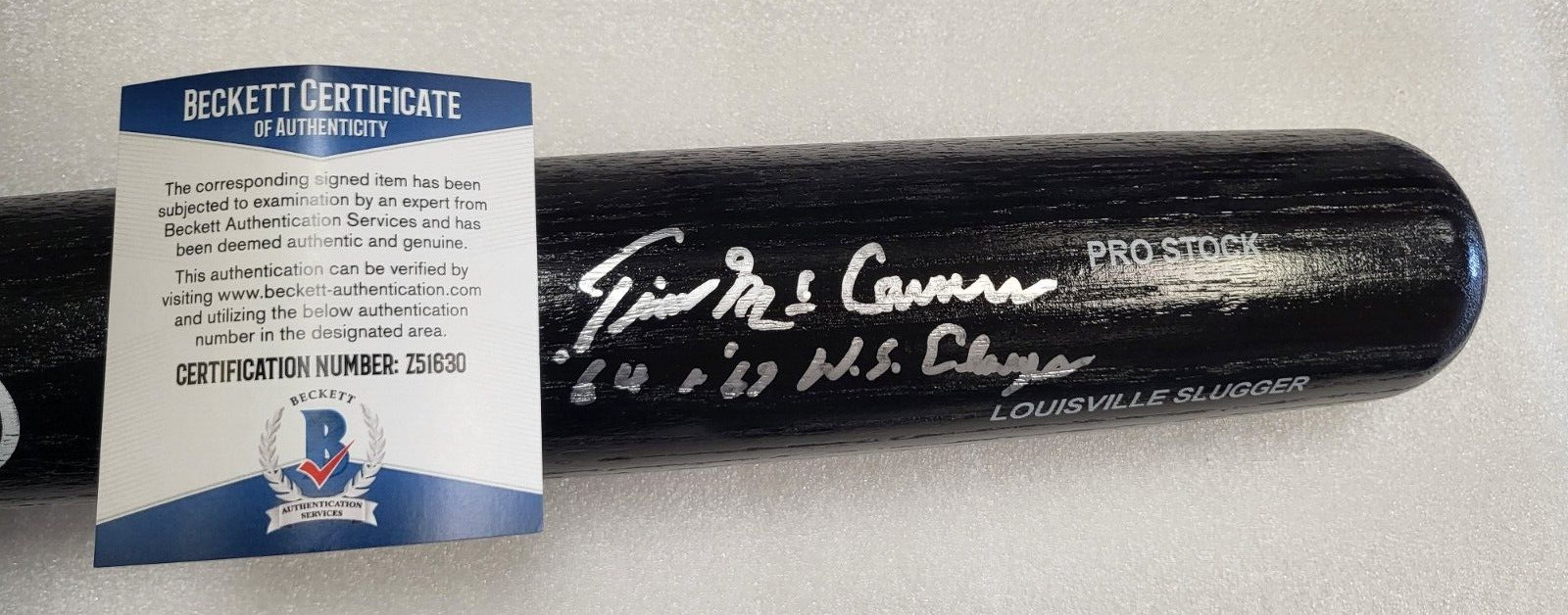 TIM MCCARVER 64 67 WS CHAMPS SIGNED AUTOGRAPHED BLACK RAWLINGS BAT BECKETT
