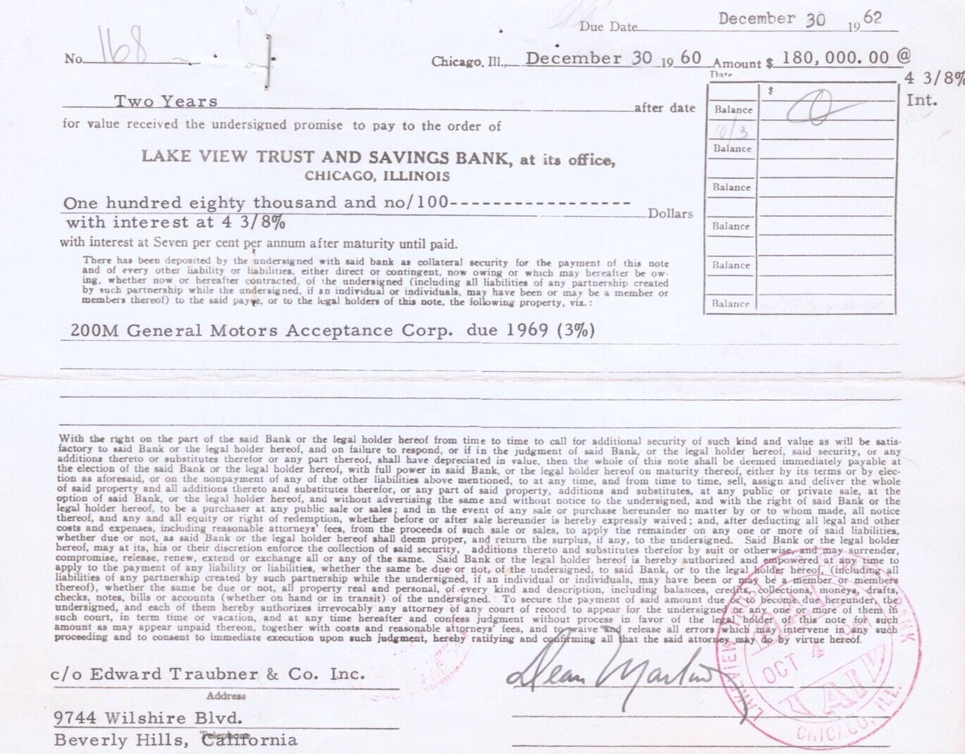 DEAN MARTIN Signed Autograph Bank Lien 1960 JSA LOA
