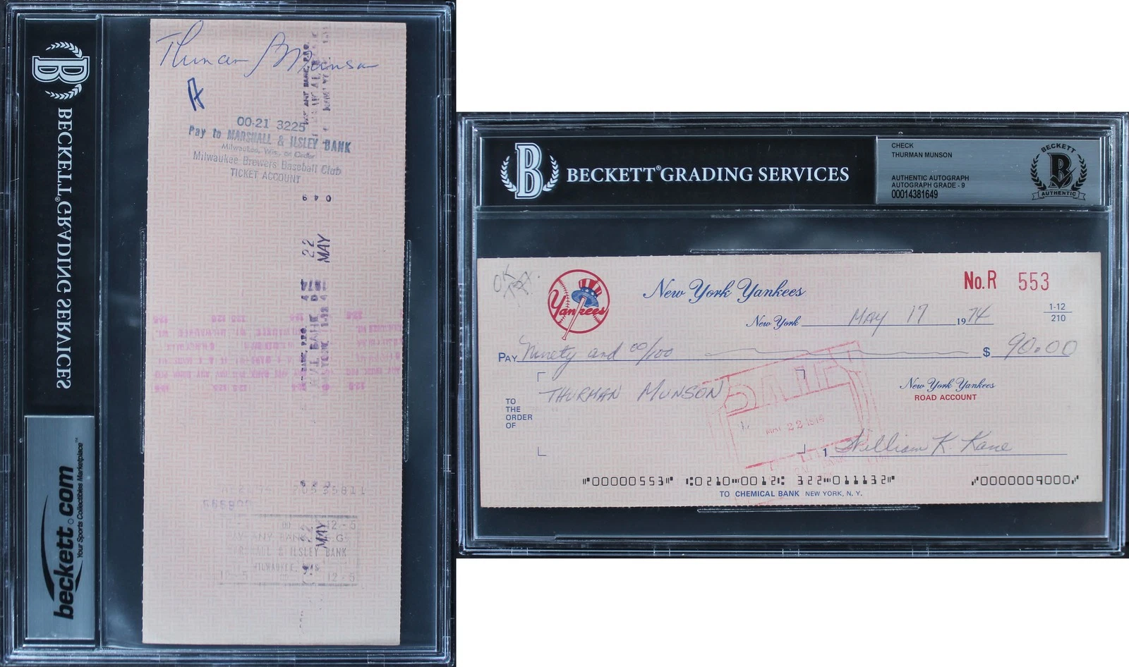 YANKEES THURMAN MUNSON AUTHENTIC SIGNED 3.5×8.5 1974 NNY CHECK AUTO 9! BAS SLAB COLLECTIBLE MEMORABILIA
