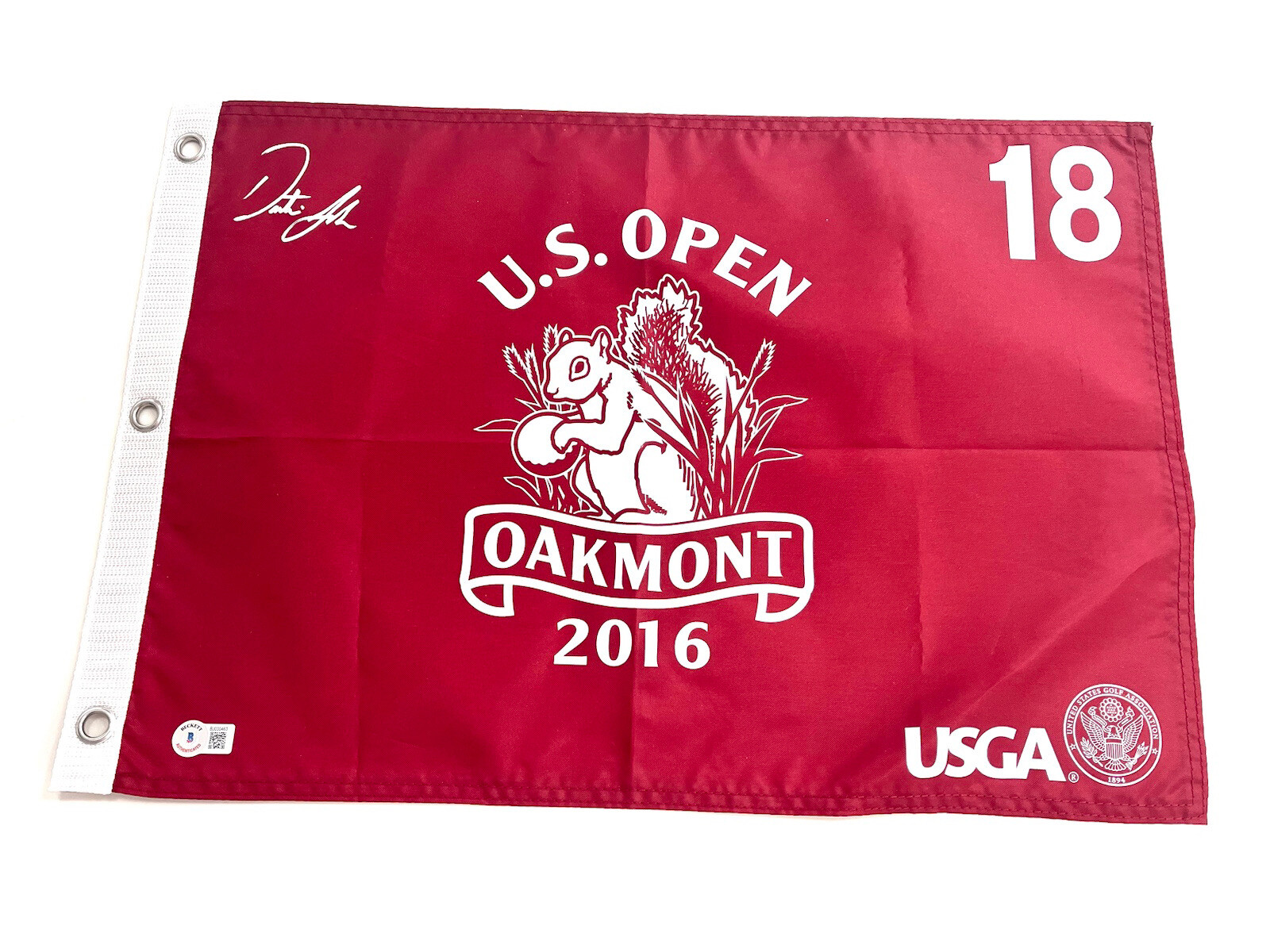DUSTIN JOHNSON HAND SIGNED 2016 US OPEN WINNER FLAG MAJOR BECKETT BAS CERT #2