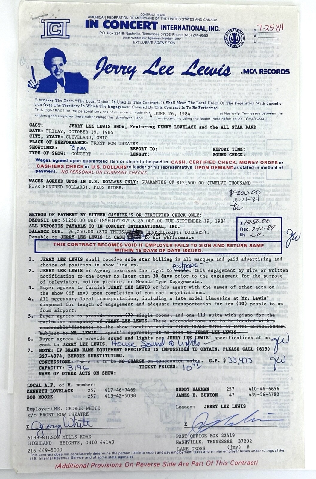 JERRY LEE LEWIS Signed Autograph Contract And Rider JSA COA
