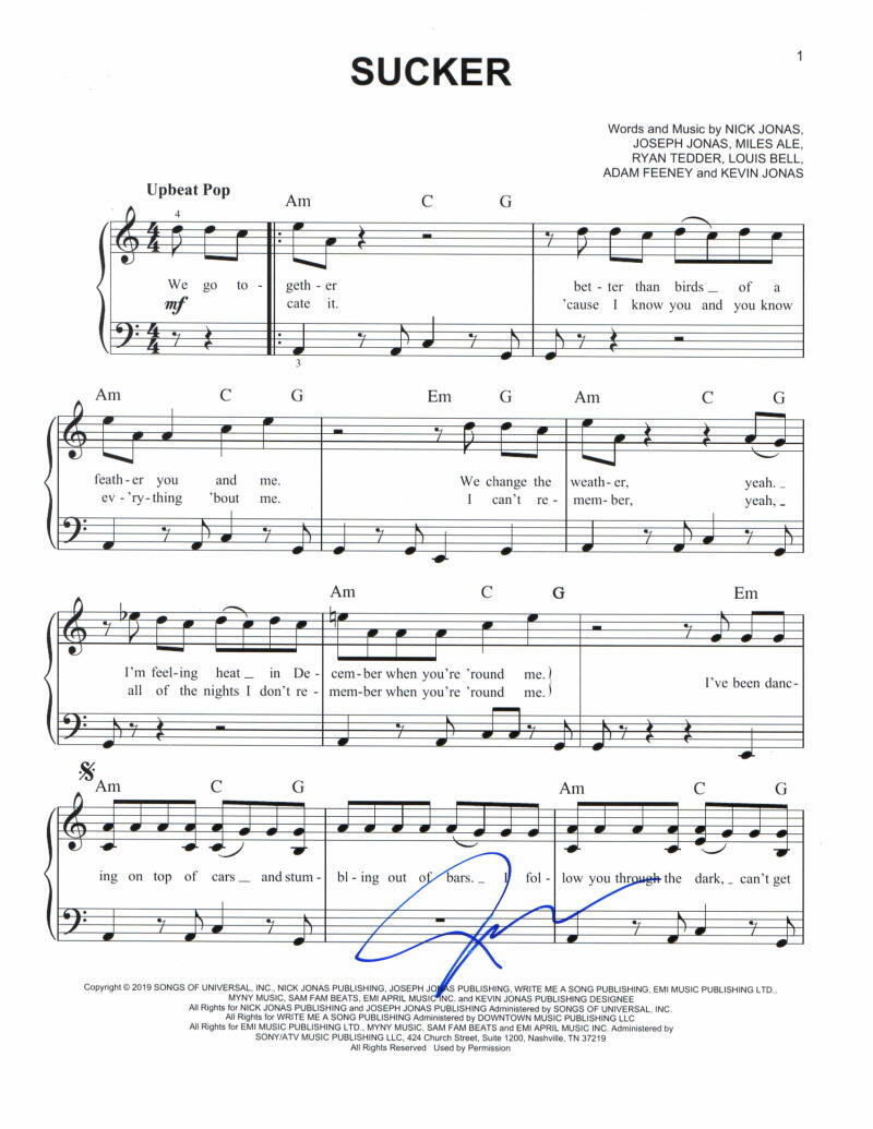JOE JONAS SIGNED AUTOGRAPH SUCKER SHEET MUSIC - JONAS BROTHERS BROS, VERY RARE!