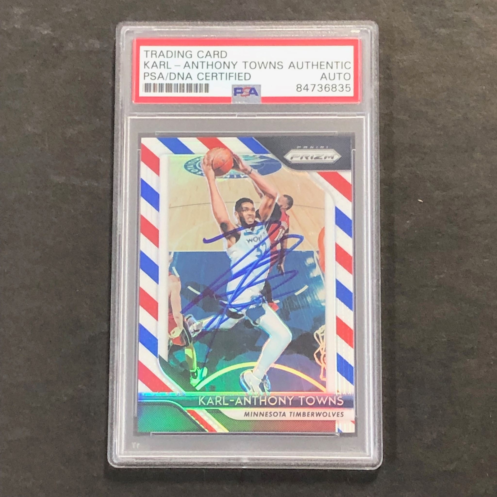 2017-18 Panini Prizm #107 Karl-Anthony Towns Signed Card Red White and Blue AUTO