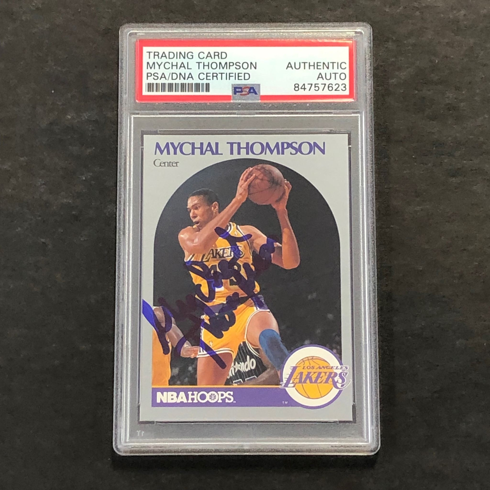 1990-91 NBA Hoops #160 Mychal Thompson Signed Card AUTO PSA Slabbed Lakers