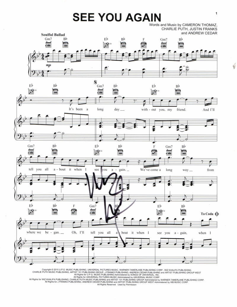 WIZ KHALIFA SIGNED AUTOGRAPH SEE YOU AGAIN SHEET MUSIC – FURIOUS 7 RAPPER RARE! COLLECTIBLE MEMORABILIA