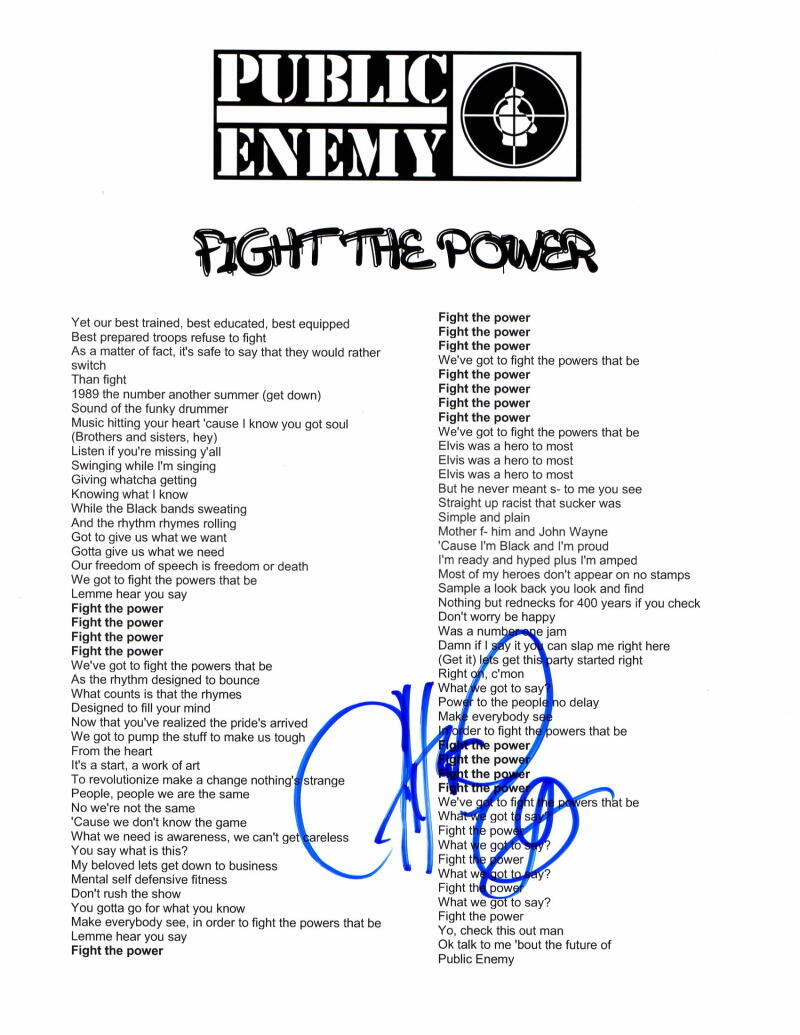 Chuck D Public Enemy Signed Autograph Fight the Power 1/1 Lyric Sheet - Rare