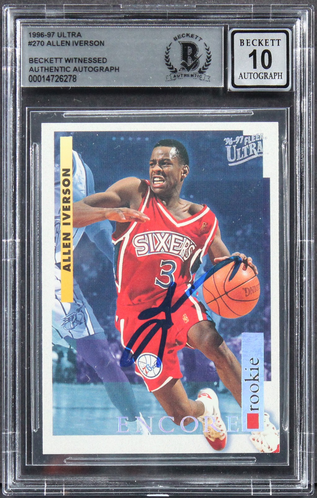 76ERS ALLEN IVERSON SIGNED 1996 ULTRA #270 ROOKIE CARD AUTO 10! BAS SLABBED COLLECTIBLE MEMORABILIA