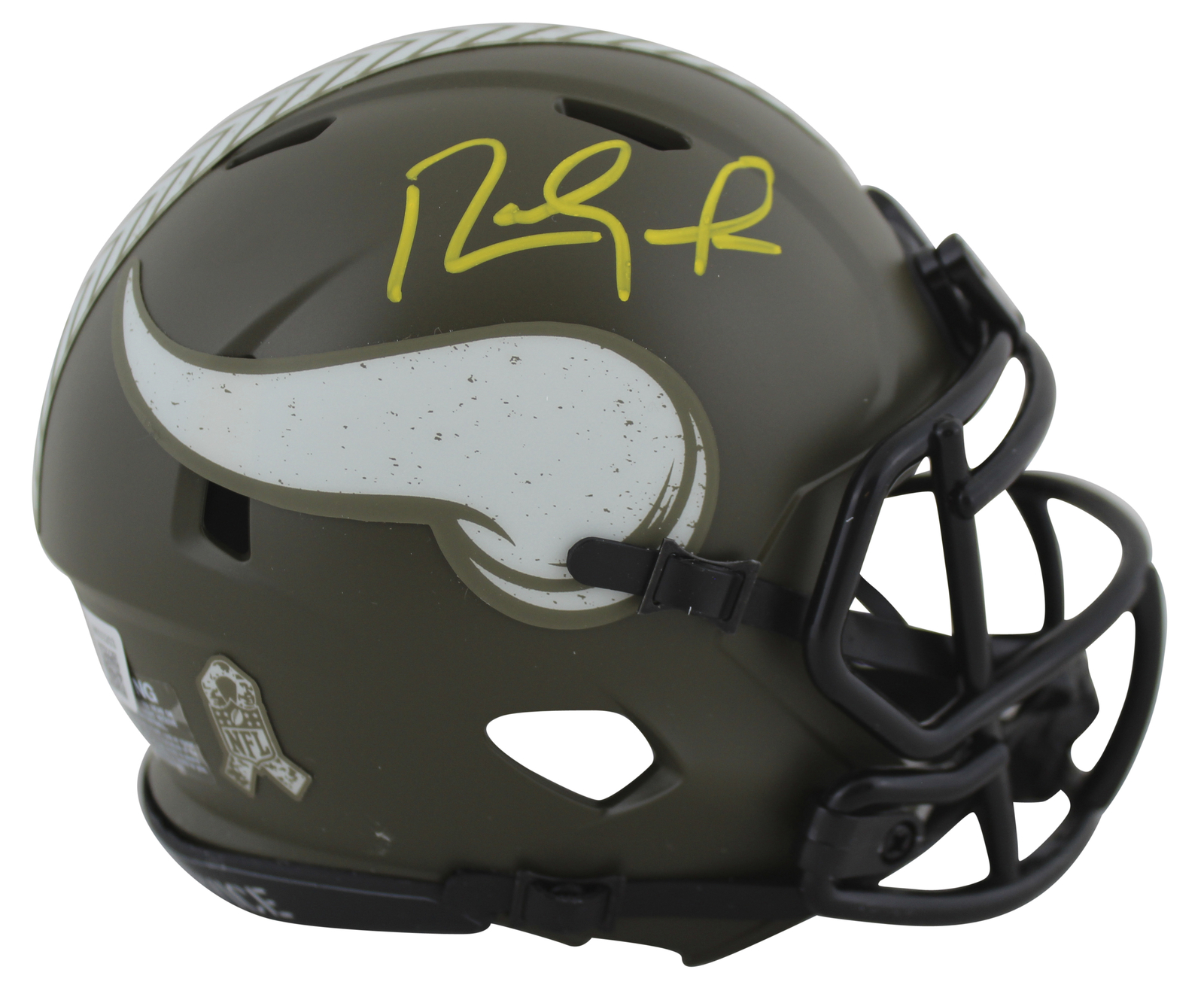 VIKINGS RANDY MOSS SIGNED SALUTE TO SERVICE SPEED MINI HELMET BAS WITNESSED COLLECTIBLE MEMORABILIA