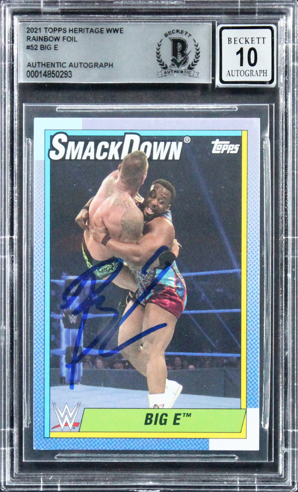 BIG E SIGNED 2021 TOPPS HERITAGE WWE RAINBOW FOIL #52 CARD AUTO 10! BAS SLABBED COLLECTIBLE MEMORABILIA