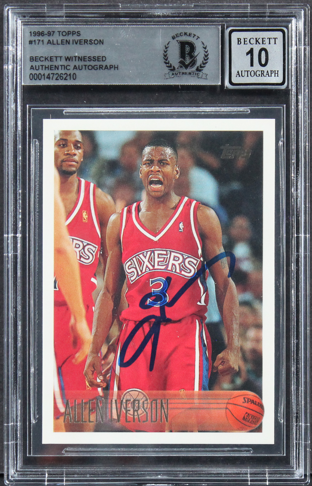 76ERS ALLEN IVERSON SIGNED 1996 TOPPS #171 ROOKIE CARD AUTO 10! BAS SLABBED COLLECTIBLE MEMORABILIA