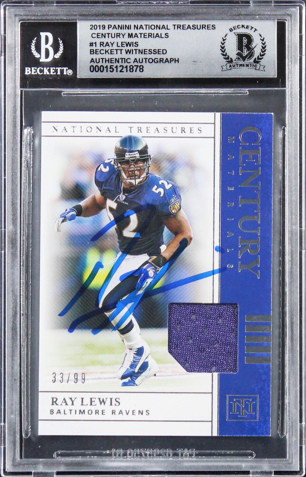 Ray Lewis Signed 2019 National Treasures CM #1 33/99 Card Auto 10! BAS Slabbed