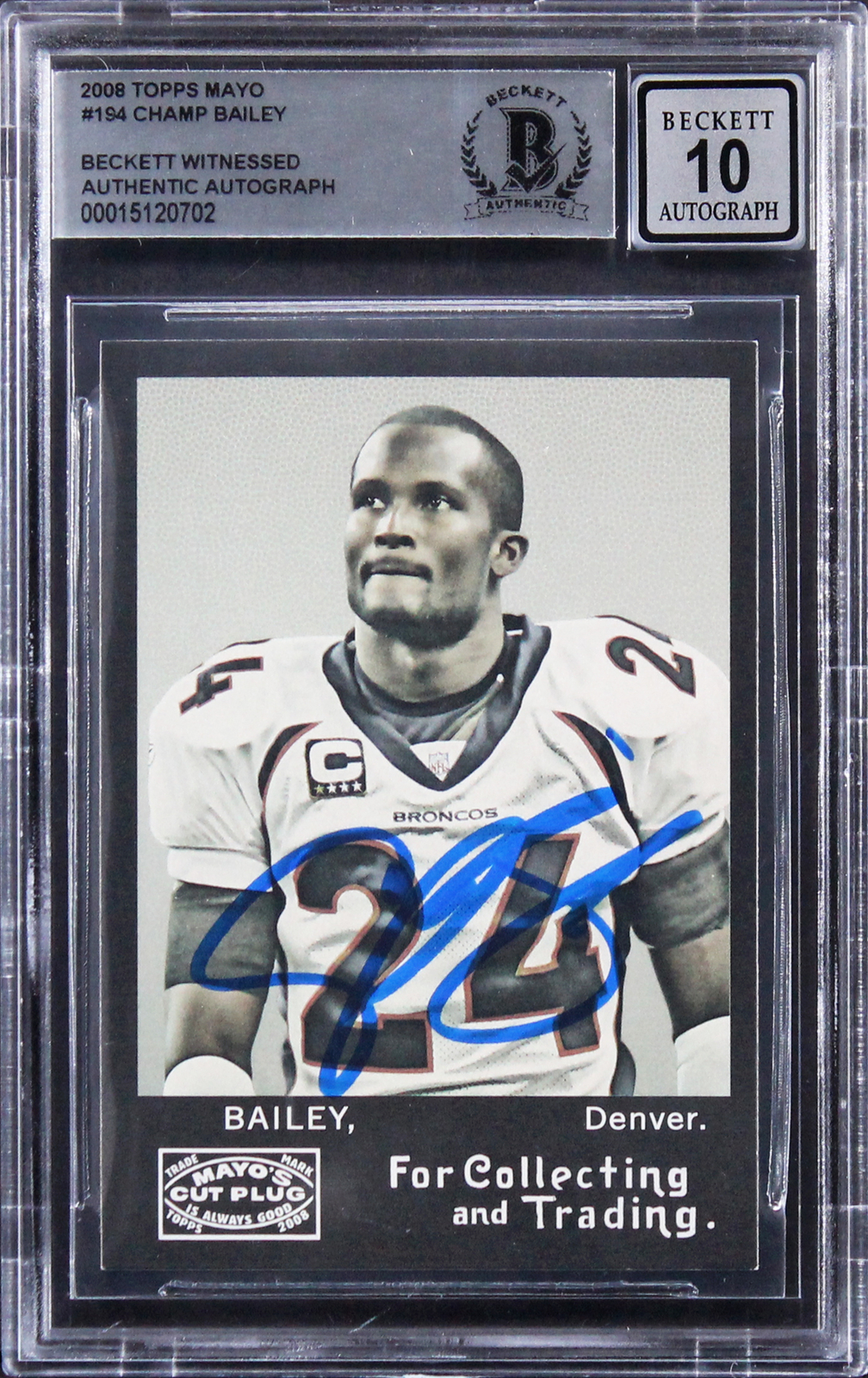 Broncos Champ Bailey Signed 2008 Topps Mayo #194 Card Auto 10! BAS Slabbed