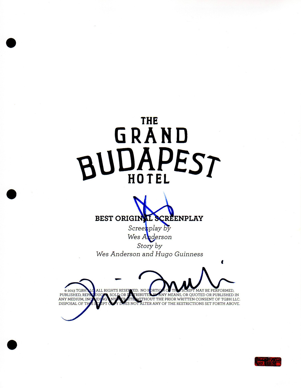 GFA Budapest Hotel * SCHWARTZMAN & TILDA SWINTON * Signed Full Movie Script COA