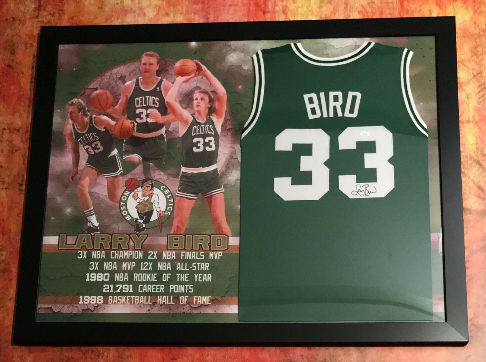 JSA Boston Celtics Legend * LARRY BIRD * Signed Custom Framed Jersey COA