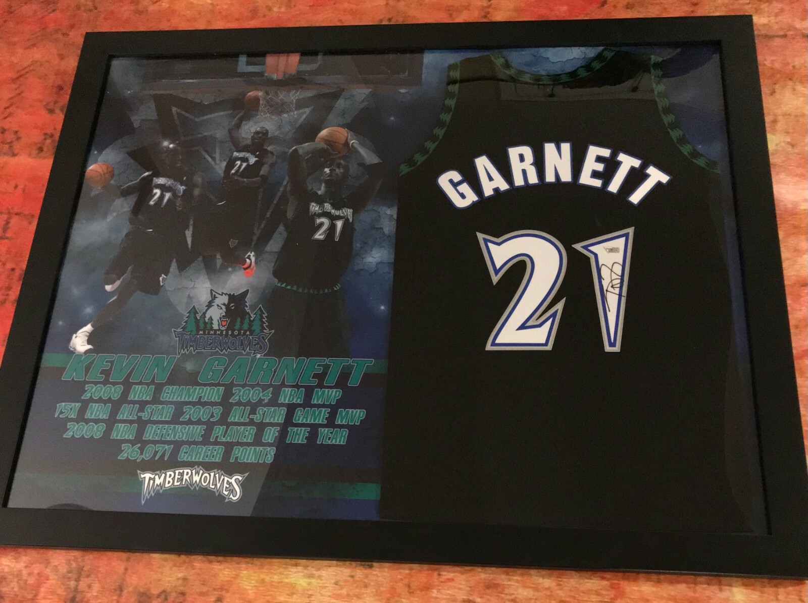 FANATICS Minnesota Timberwolves * KEVIN GARNETT * Signed Framed Blk Jersey COA